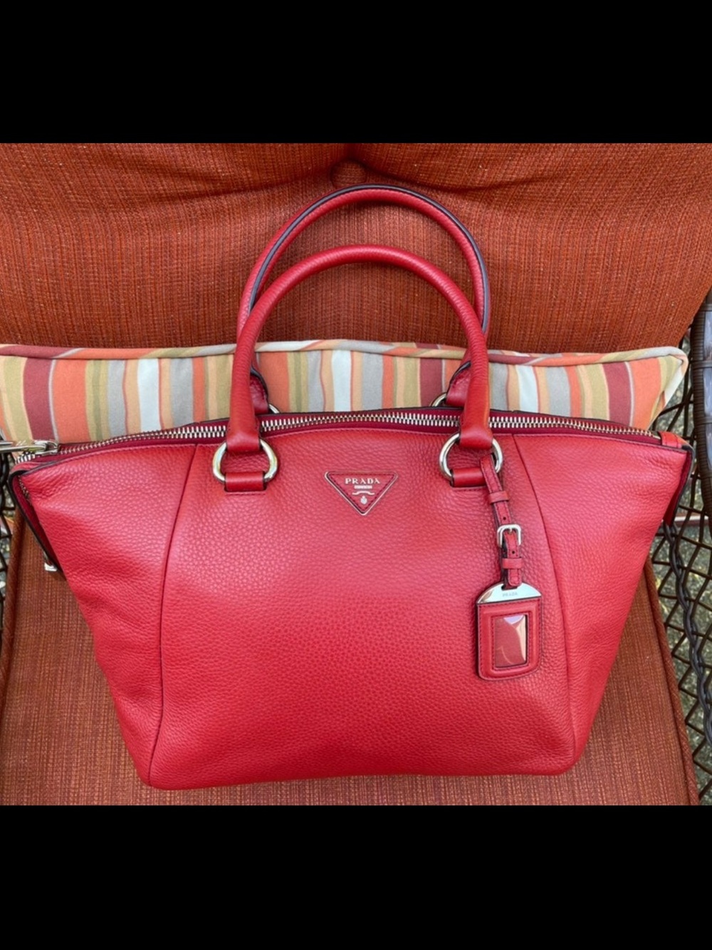 Prada Red Pebbled Leather Double-Handle Tote
